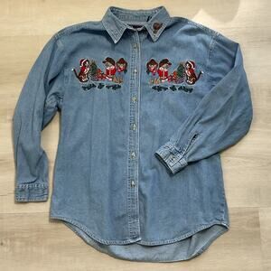Lets Quizz Again Womens Christmas Cats Embroidered Long Sleeve Tee Large